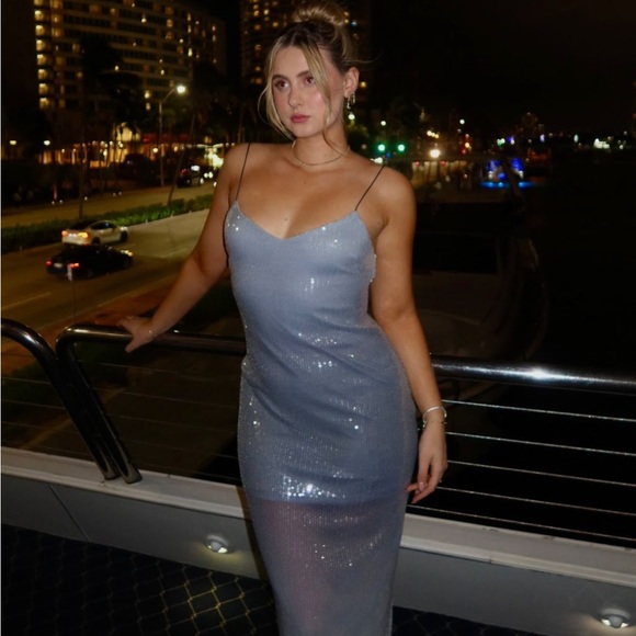 Zara Silver OMBRE Sequin Midi Dress Open Back spaghetti straps Slit size XS NWT - Picture 2 of 16